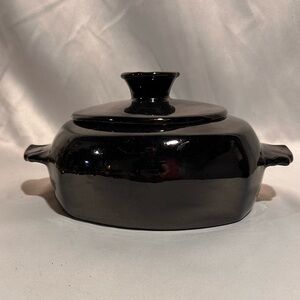 Vintage Frankoma Pottery Gloss Black Ceramic Casserole Dish Art Deco